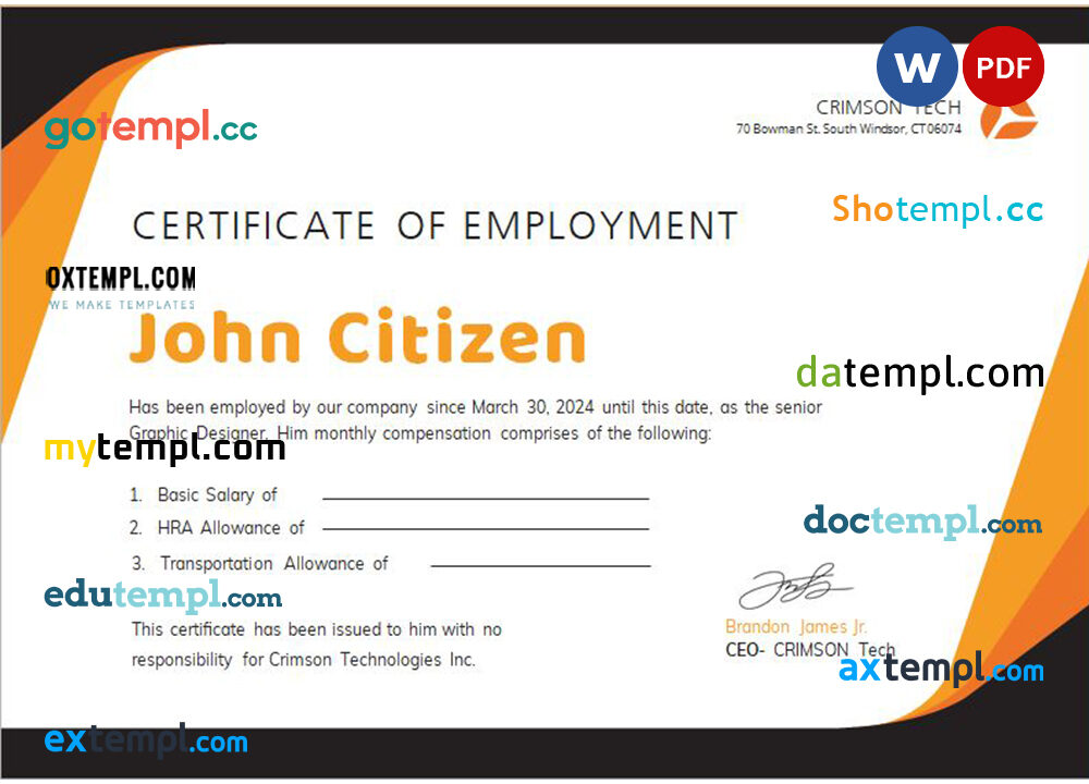 USA Crimson Technologies Inc. certificate of employment Word and PDF download template