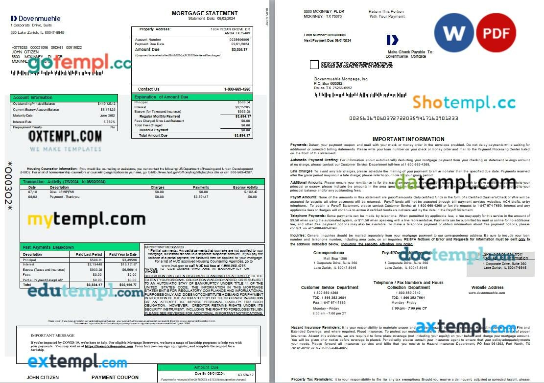 USA Dovenmuehle mortgage statement Word and PDF template, 3 pages