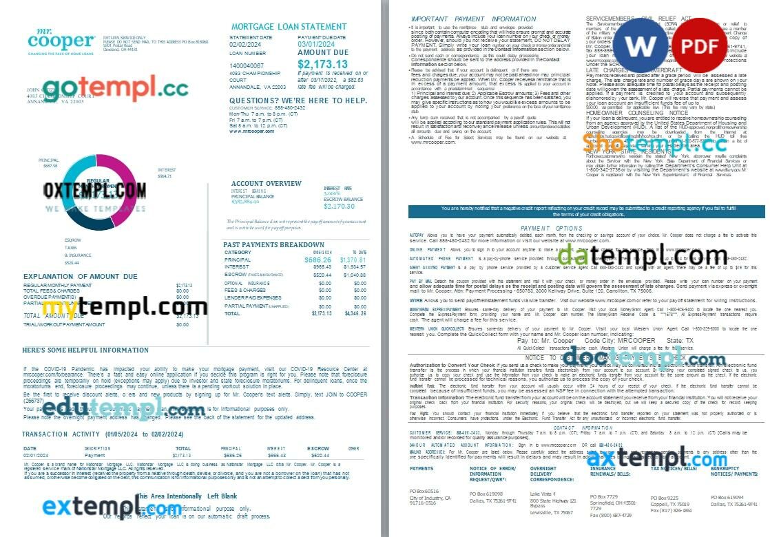 USA Mr. Cooper Changing the Face of Home Loans mortgage loan statement Word and PDF template, 4 pages