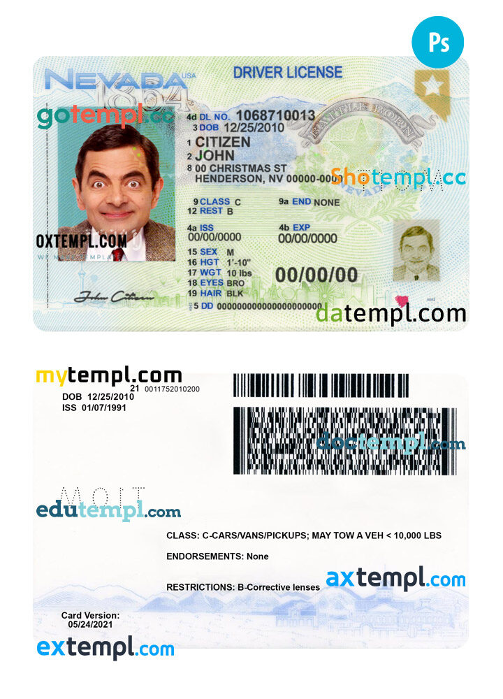 USA Nevada driver license download example in PSD format, 2021 - present