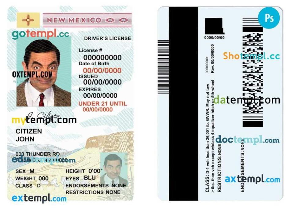 USA State New Mexico driving license template in PSD format, under 21