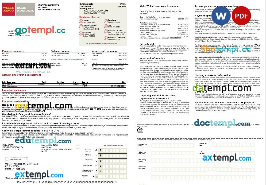 USA Texas Wells Fargo bank mortgage statement Word and PDF template, 2 pages