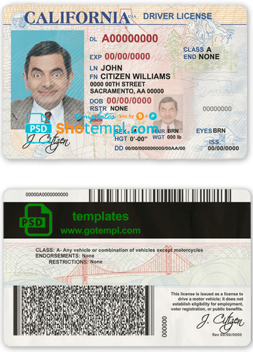 USA state California driver license example in PSD format