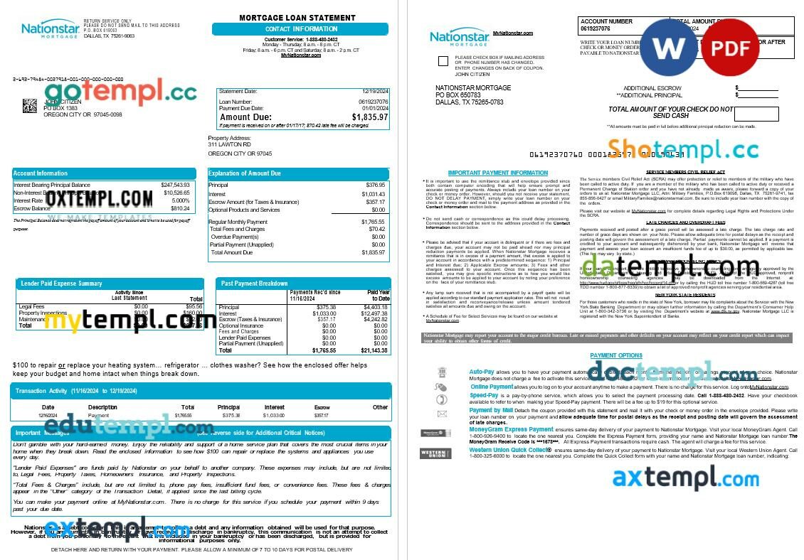 USA Texas Nationstar Mortgage LLC mortgage loan statement Word and PDF template, 8 pages