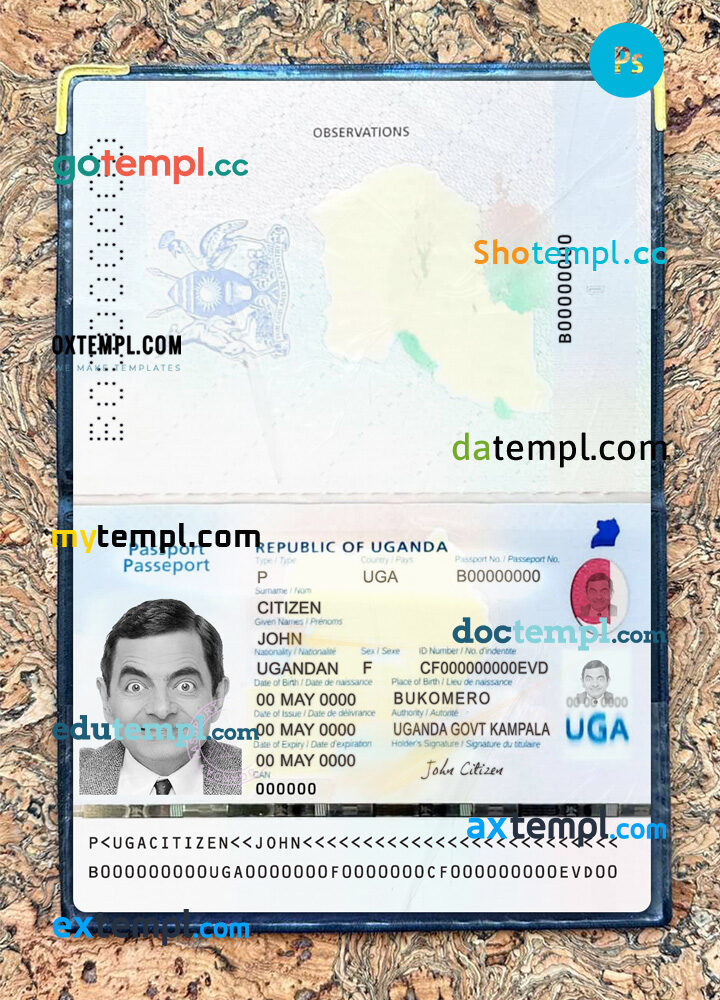 Uganda passport PSD files, editable scan and photo-realistic look sample, 2 in 1, 2023 - present