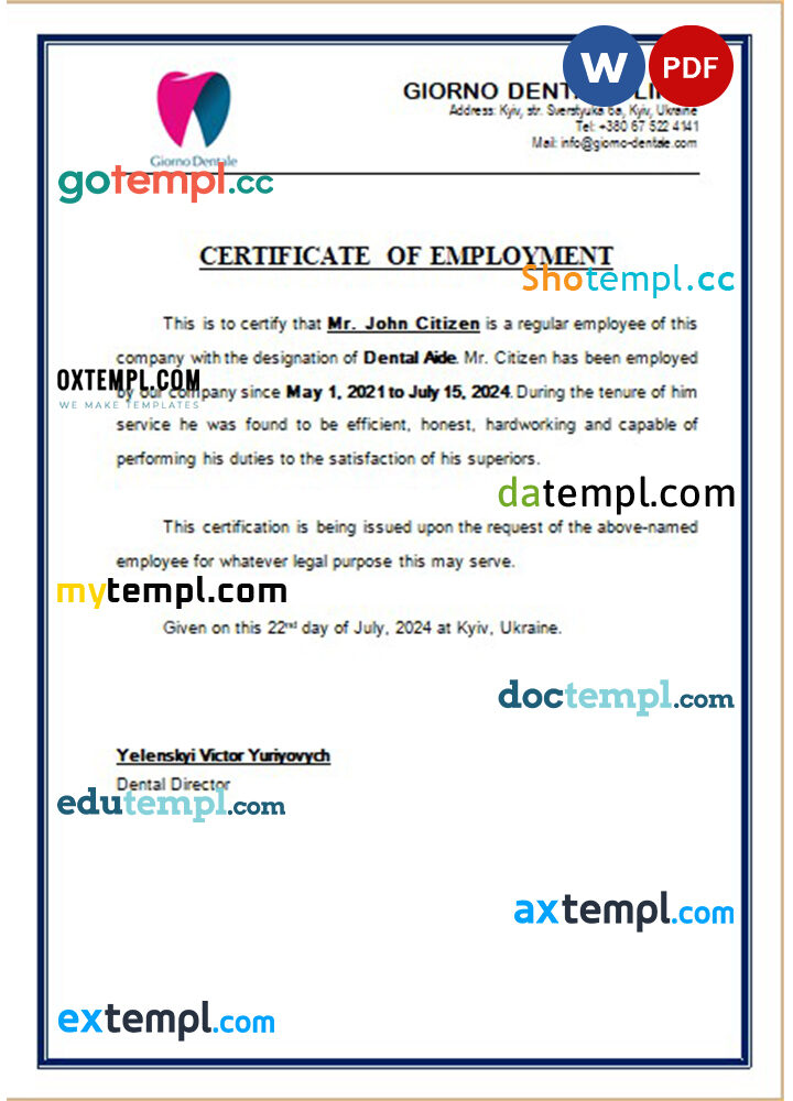 Ukraine Giorno Dental certificate of employment Word and PDF download template