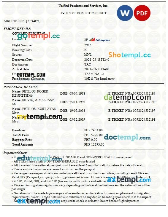 Unified Products and Services, Inc. airplane e-ticket, Word and PDF download template