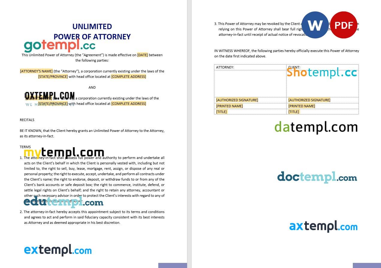 Unlimited Power of Attorney example, fully editable