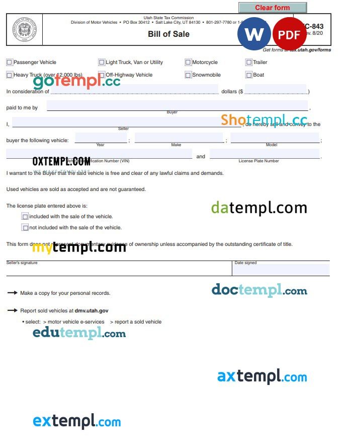 Utah Automobile Motorcycle Bill of Sale example, fully editable