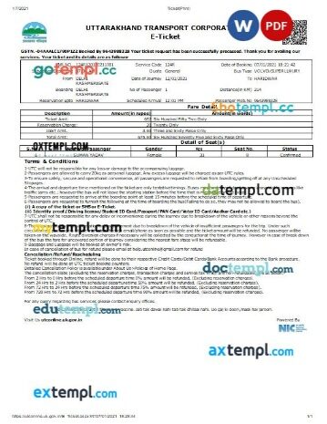 Uttarakhand Transport Corporation bus e-ticket, Word and PDF download template, version 2