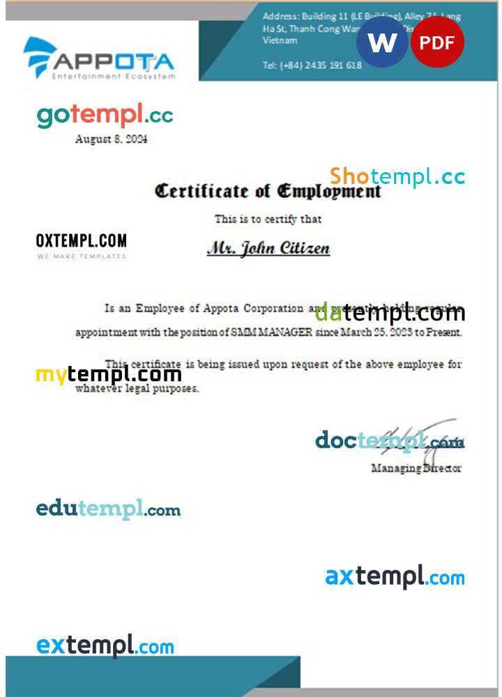 Vietnam Appota Corporation certificate of employment Word and PDF download template