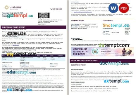 Vistara airplane e-ticket, Word and PDF download template, 3 pages