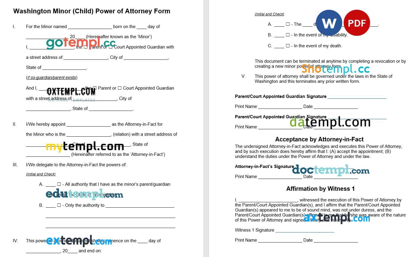 Washington Minor Child Parental Power of Attorney example, fully editable