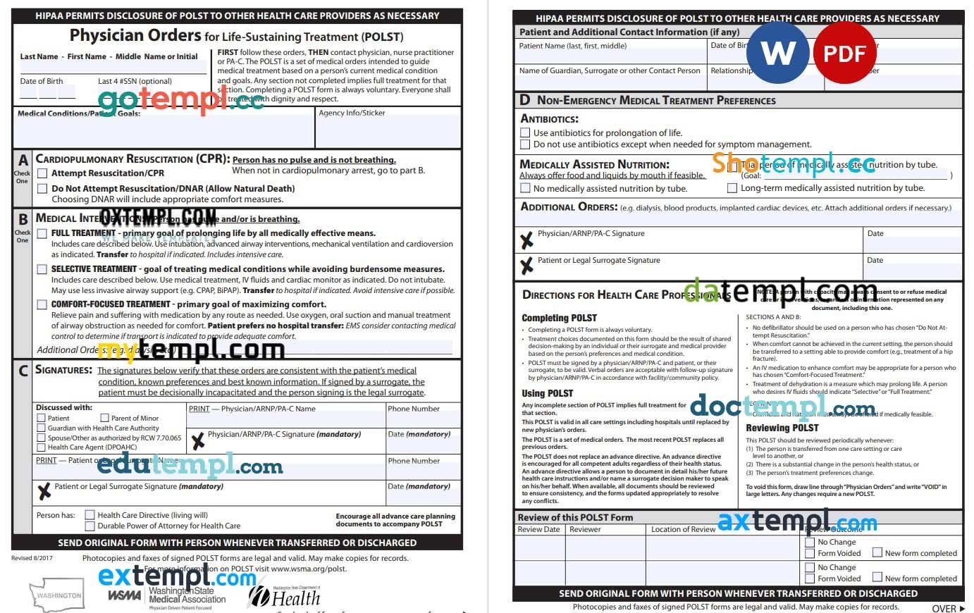 Washington Physician Orders for Life-Sustaining Treatment (POST) example, fully editable