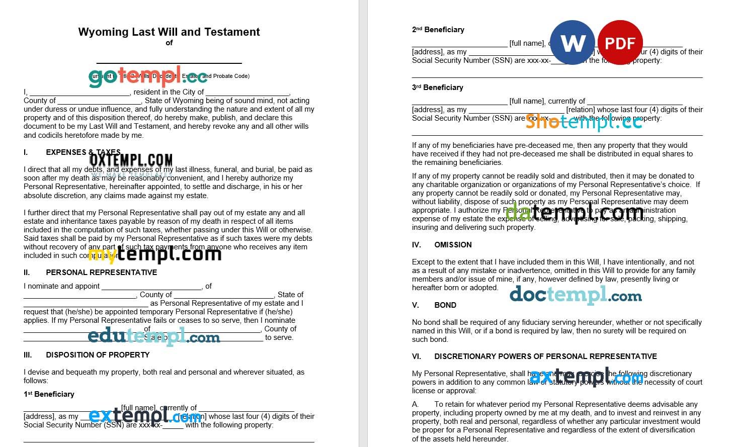 Wyoming Last Will and Testament example, fully editable