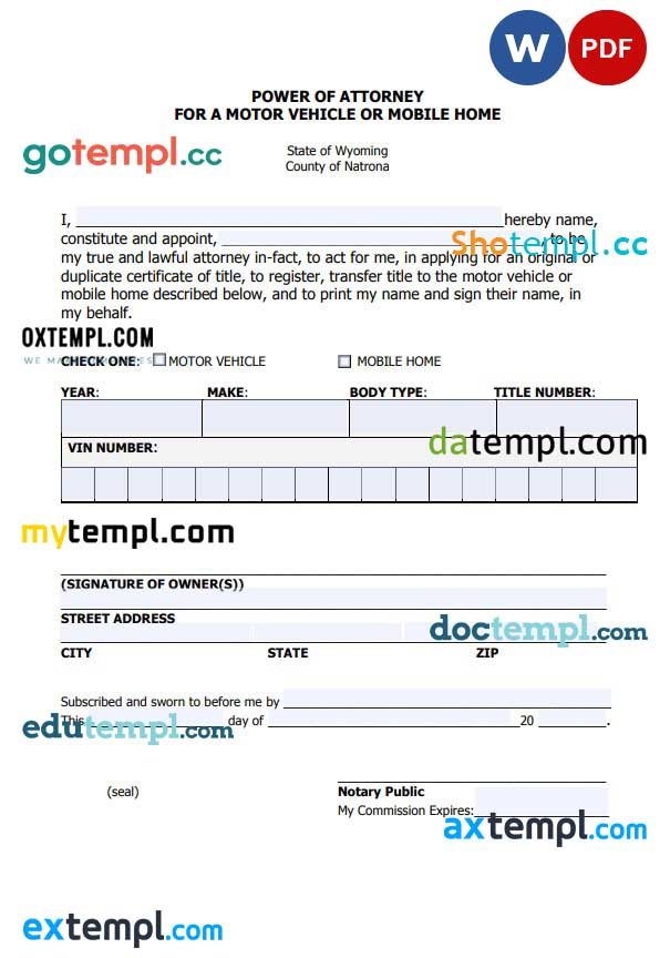 Wyoming Motor Vehicle Power of Attorney example, fully editable