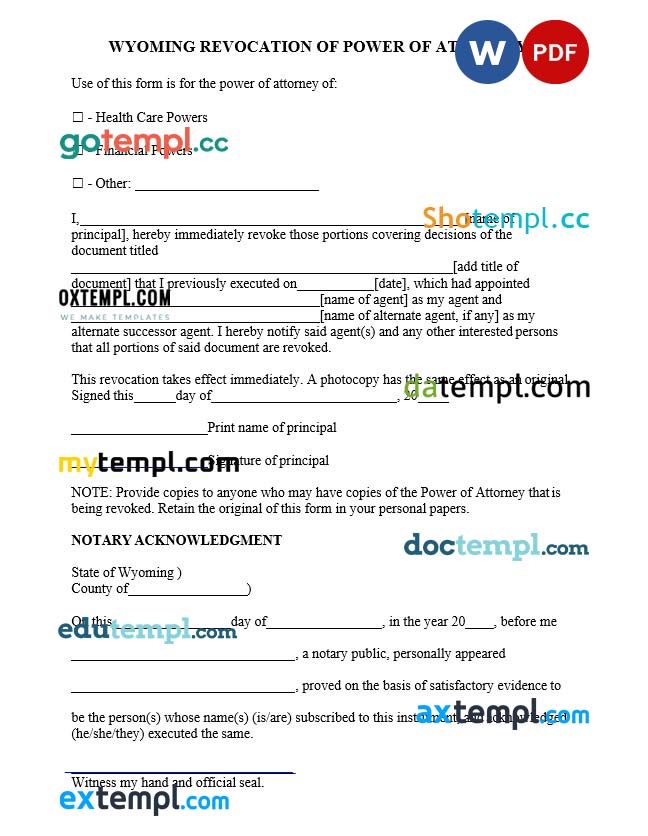 Wyoming Revocation of Power of Attorney example, fully editable