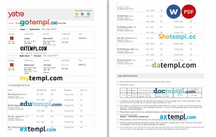 Yatra - SpiceJet airplane e-ticket, Word and PDF download template, 3 pages