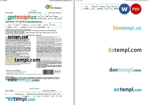 Yeti Airlines airplane e-ticket, Word and PDF download template, 2 pages