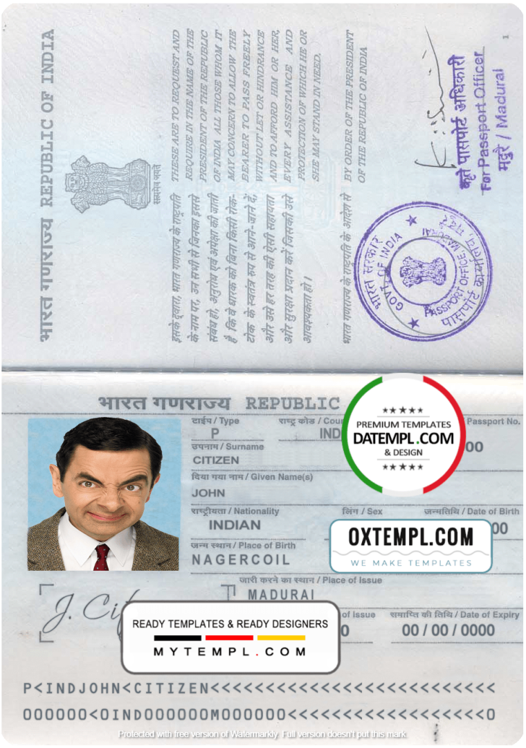 Indian passport example in PSD format, fully editable, with all fonts