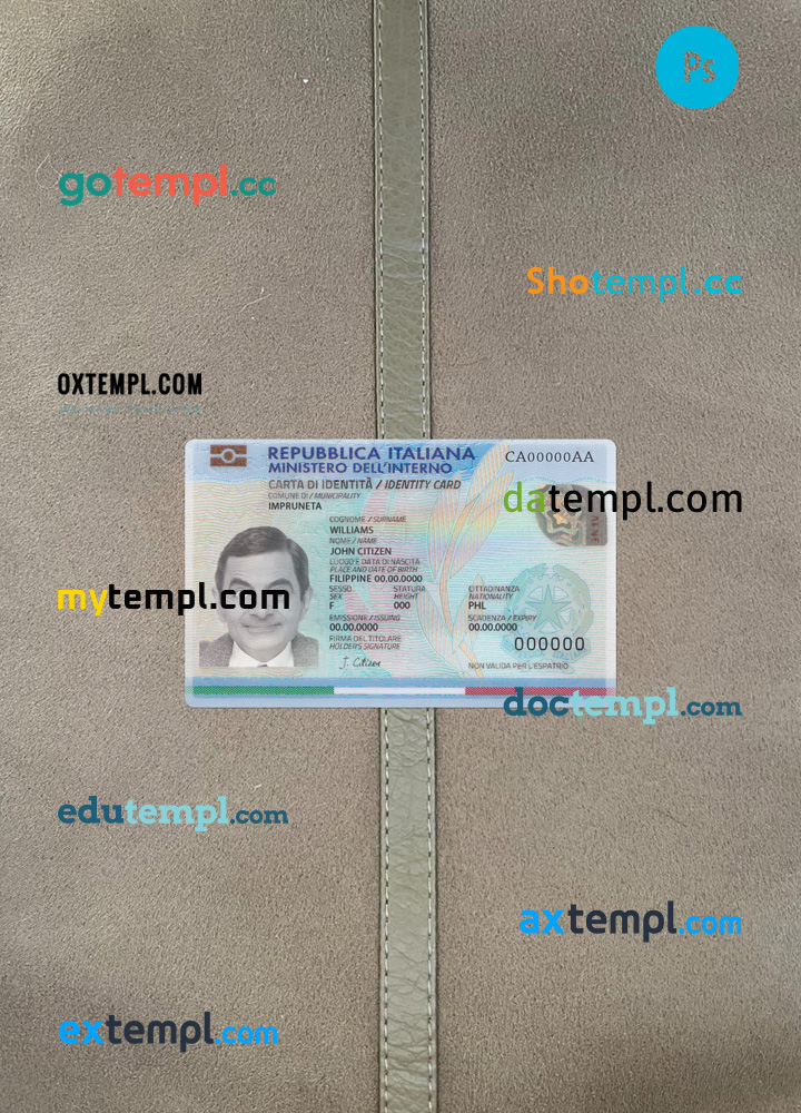 Italy ID card editable PSDs, scan and photo-realistic snapshot, 2016-present, version 2, 2 in 1