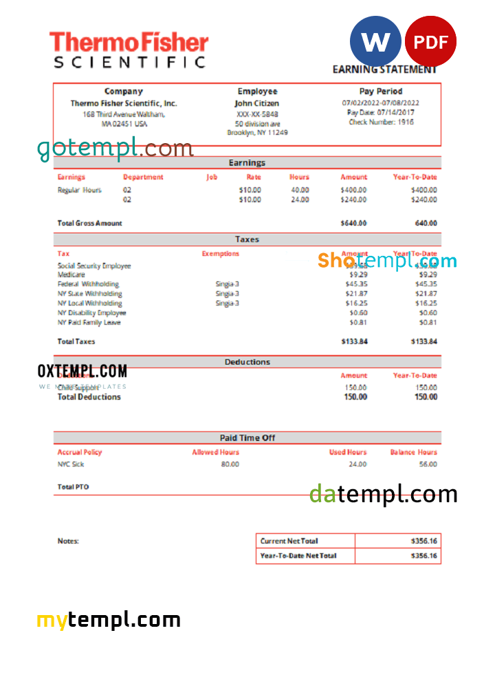 USA Thermo Fisher Scientific laboratory instruments company pay stub Word and PDF example