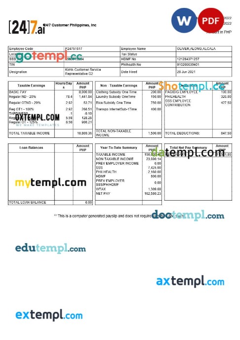 24-7 Customer Philippines payslip template in Word and PDF formats