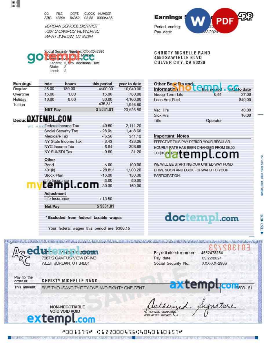 ADP earnings statement template in Word and PDF formats