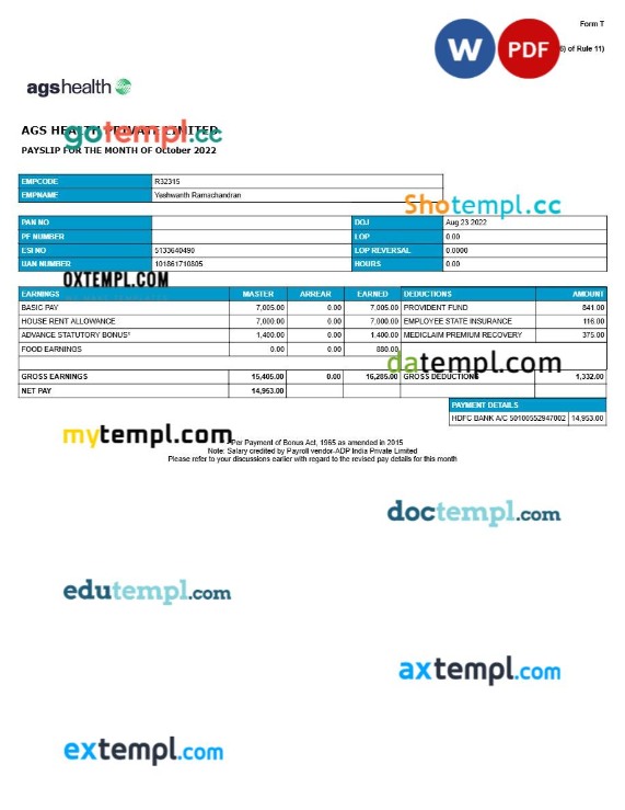 AGS Health management company payslip template in Word and PDF formats