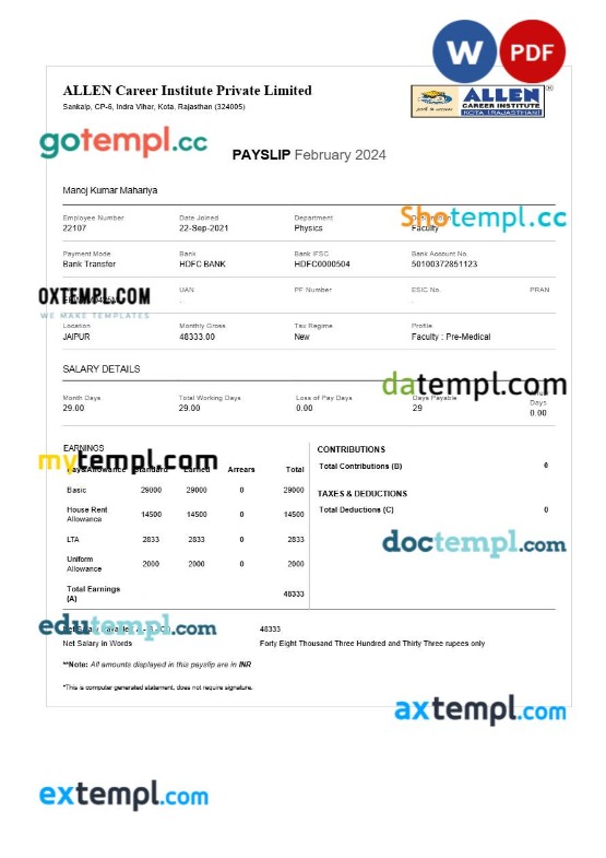 ALLEN Career Institute payslip template in Word and PDF formats