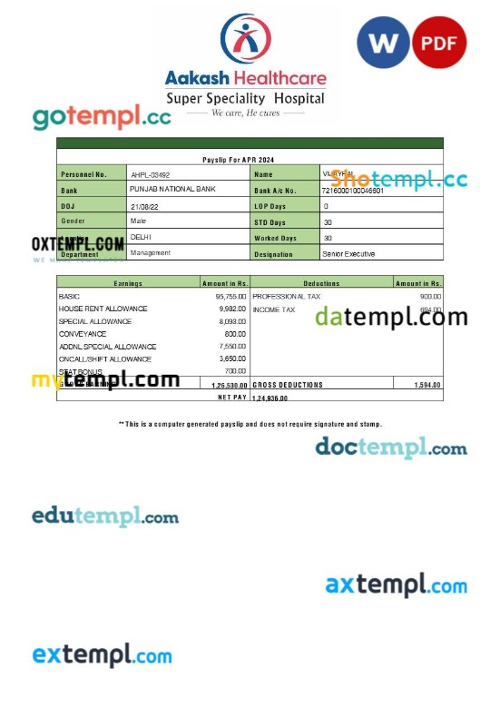 Aakash Healthcare payslip template in Word and PDF formats