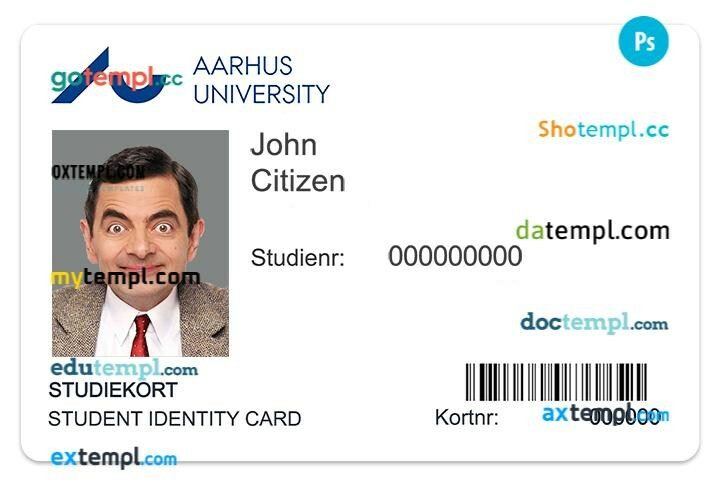 Aarhus University student ID template in PSD format, fully editable