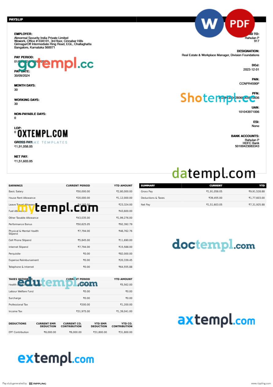 Abnormal Security India Private Limited payslip template in Word and PDF formats