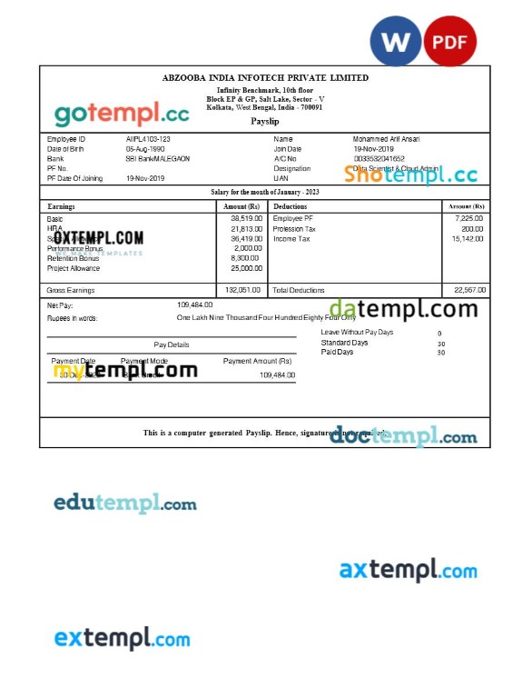 Abzooba India Infotech payslip template in Word and PDF formats