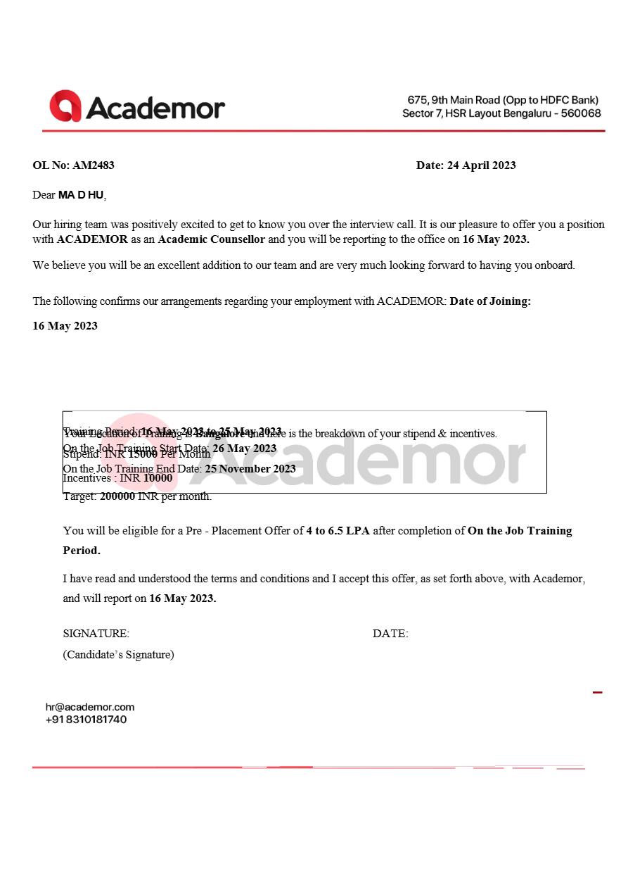 Academor Academic Counsellor offer letter in Word and Pdf formats