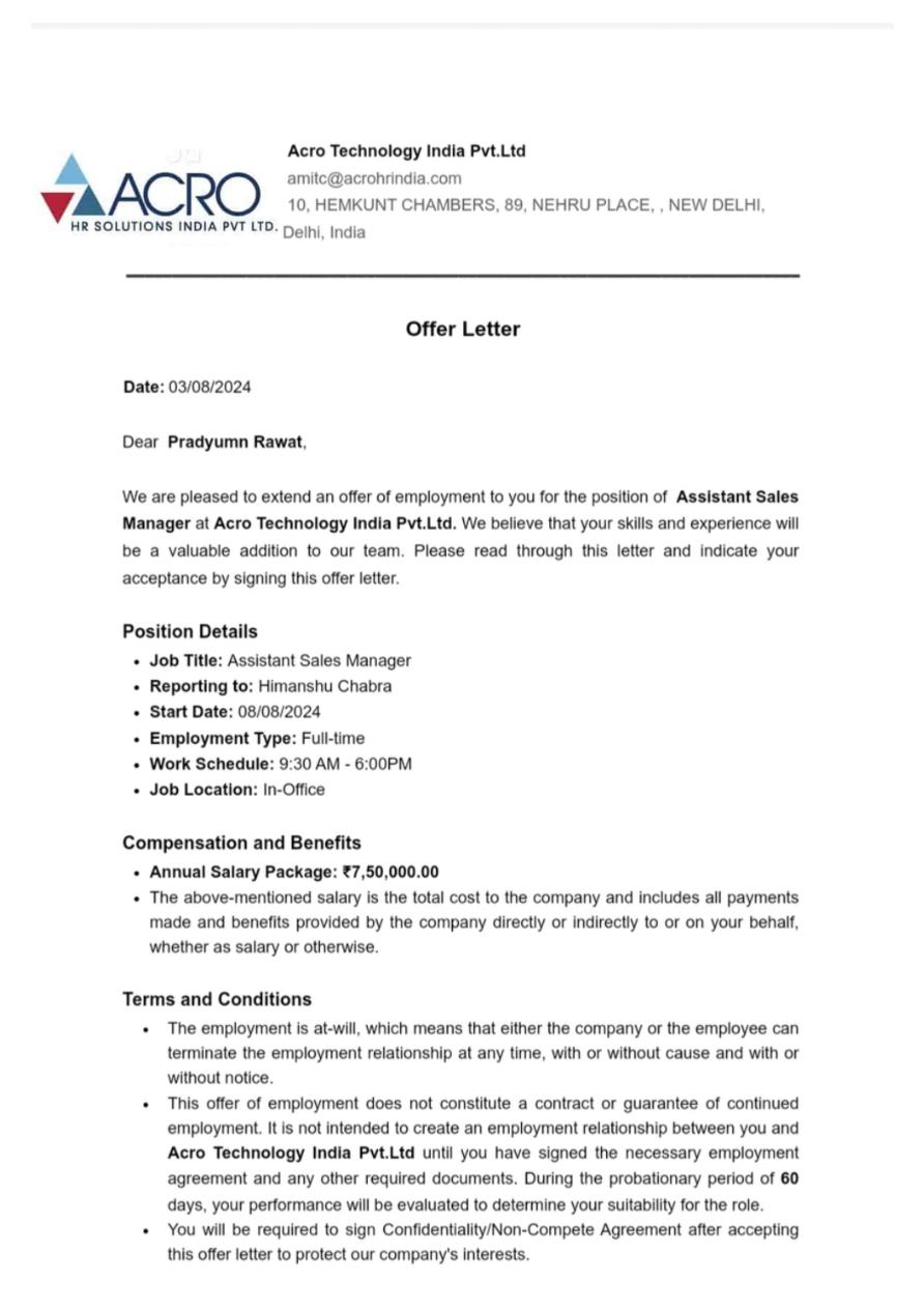 Acro Technology India Pvt. Ltd. Assistant Sales Manager offer letter in Word and Pdf formats