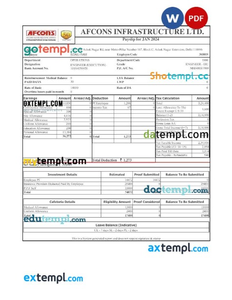 Afcons Infrastructure payslip template in Word and PDF formats