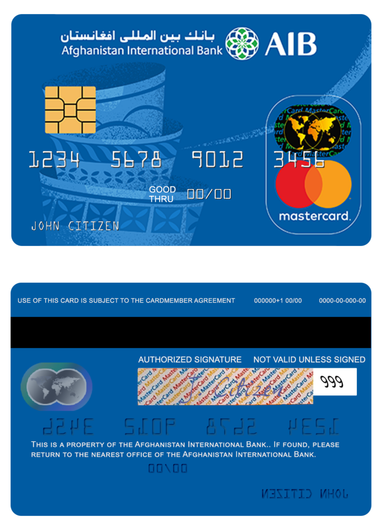 Afghanistan International Bank prepaid mastercard template in PSD format