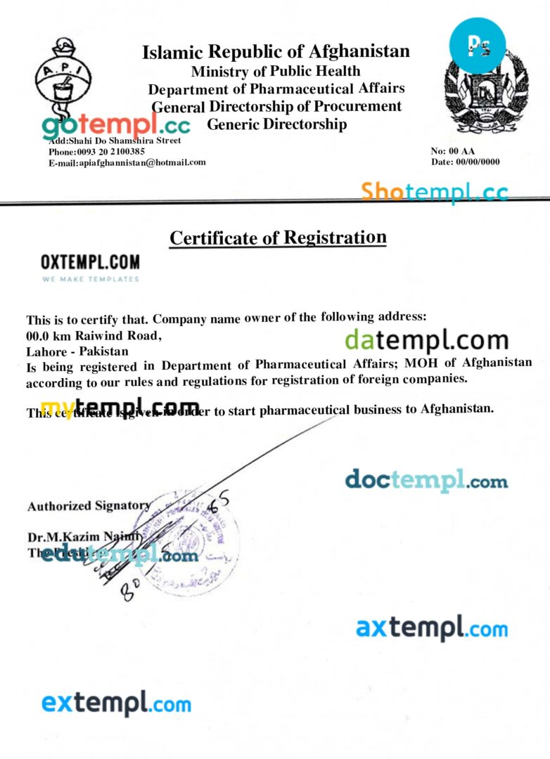 Afghanistan business registration license PSD template