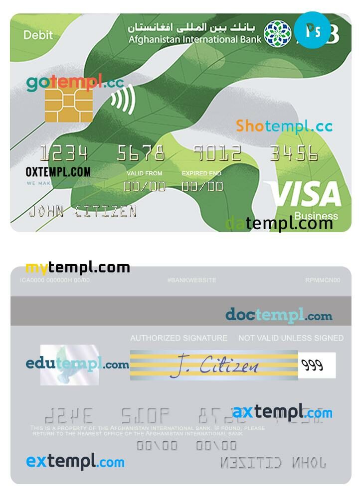 Afghanistan international bank visa business debit card template in PSD format