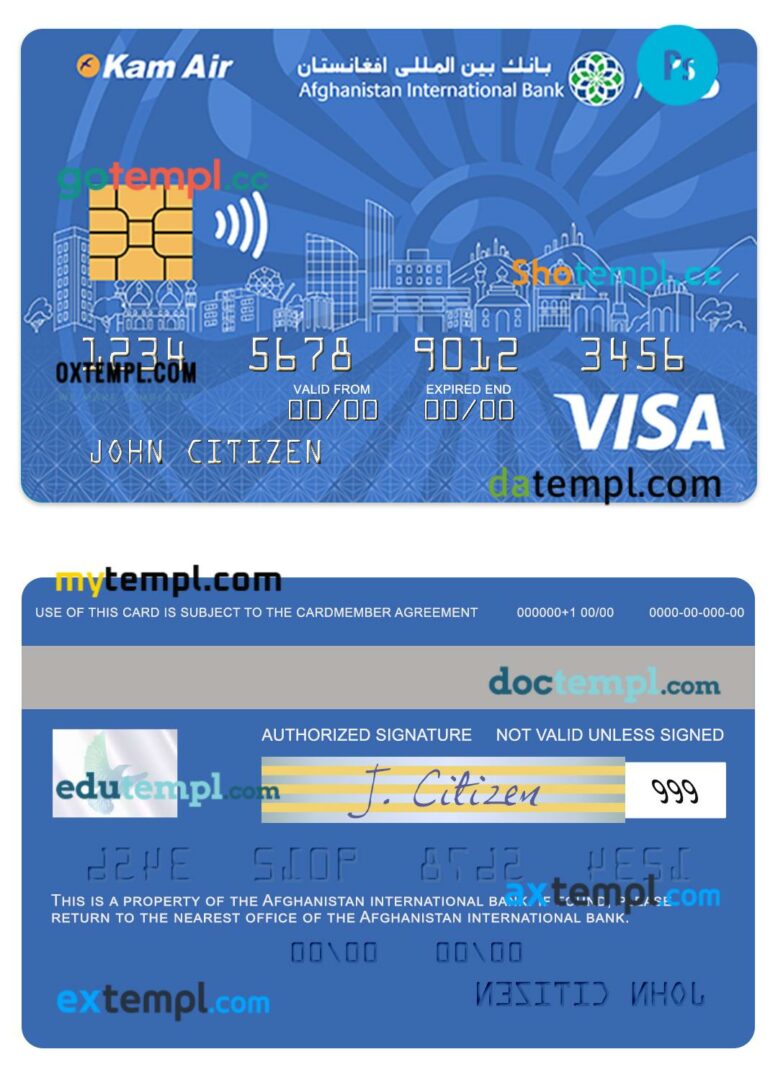 Afghanistan international bank visa card template in PSD format