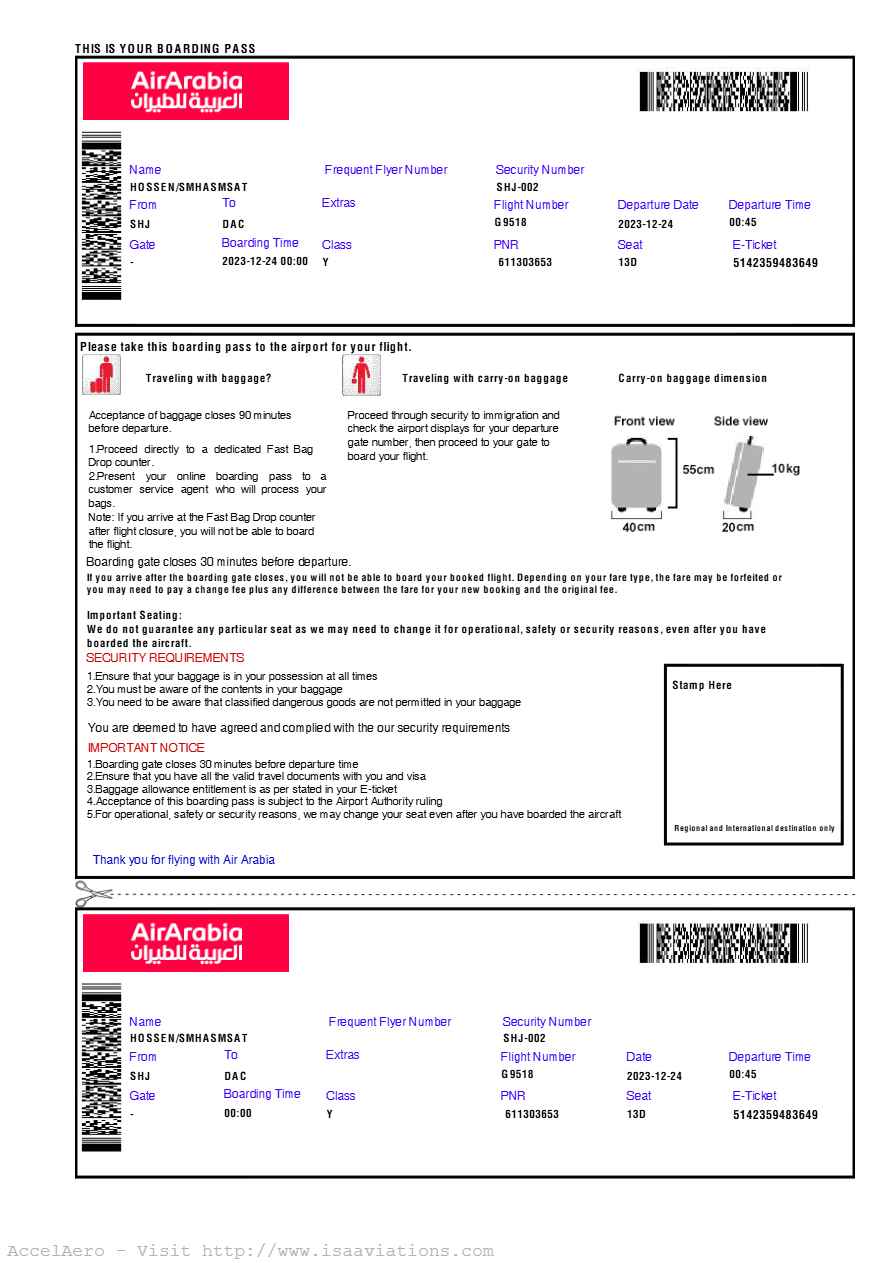 Air Arabia boarding pass in Word and PDF formats