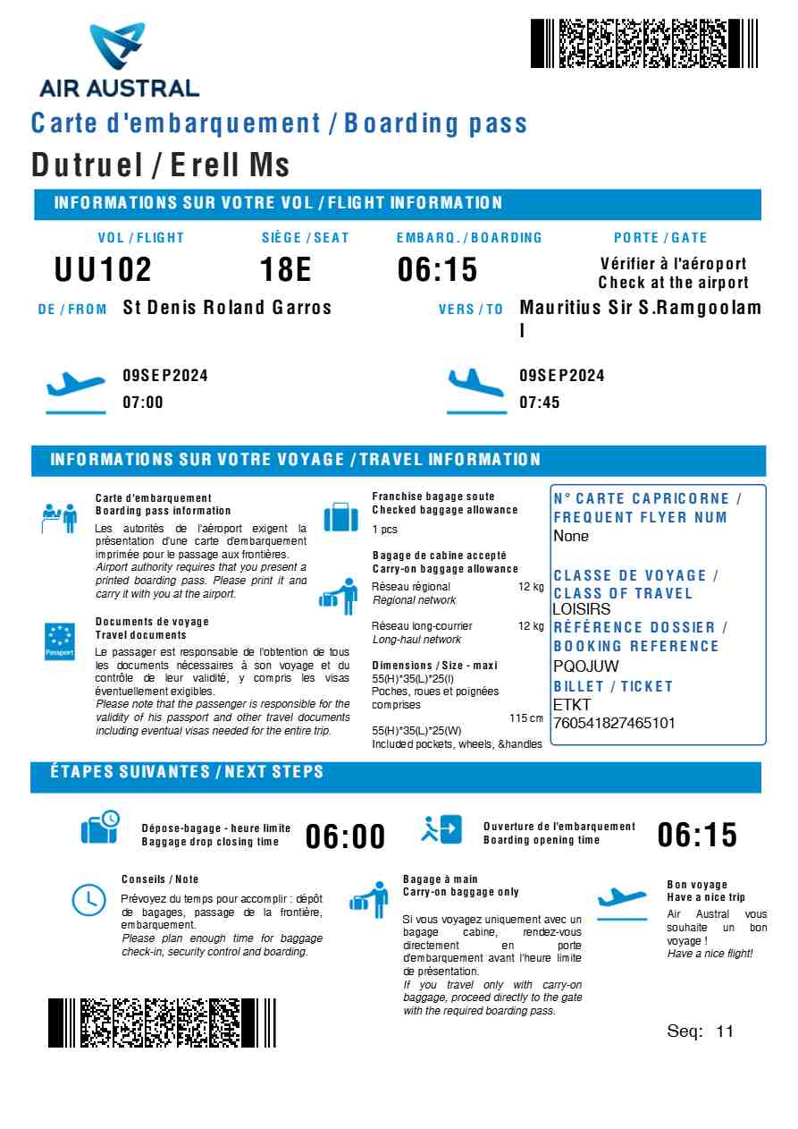 Air Austral boarding pass in Word and PDF formats