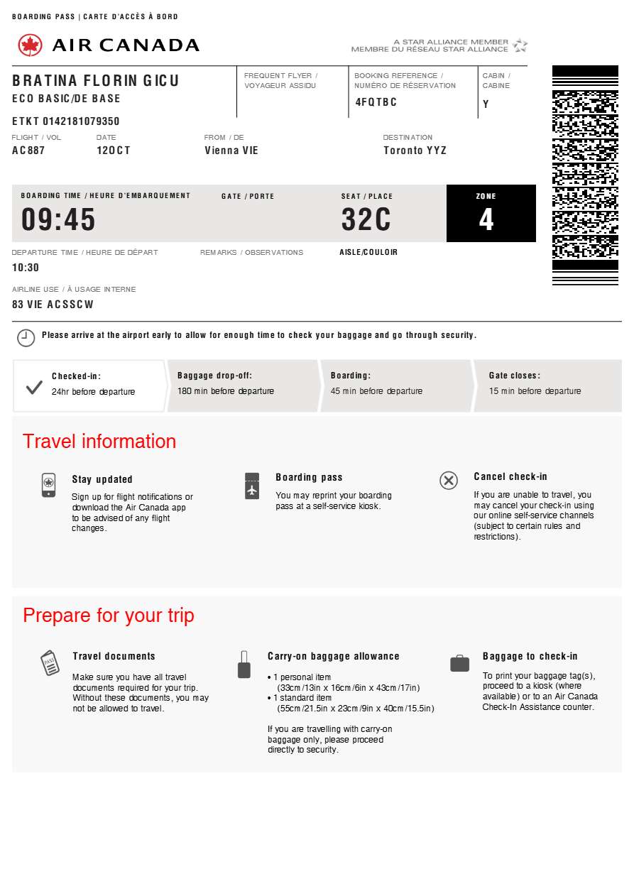 Air Canada boarding pass in Word and PDF formats