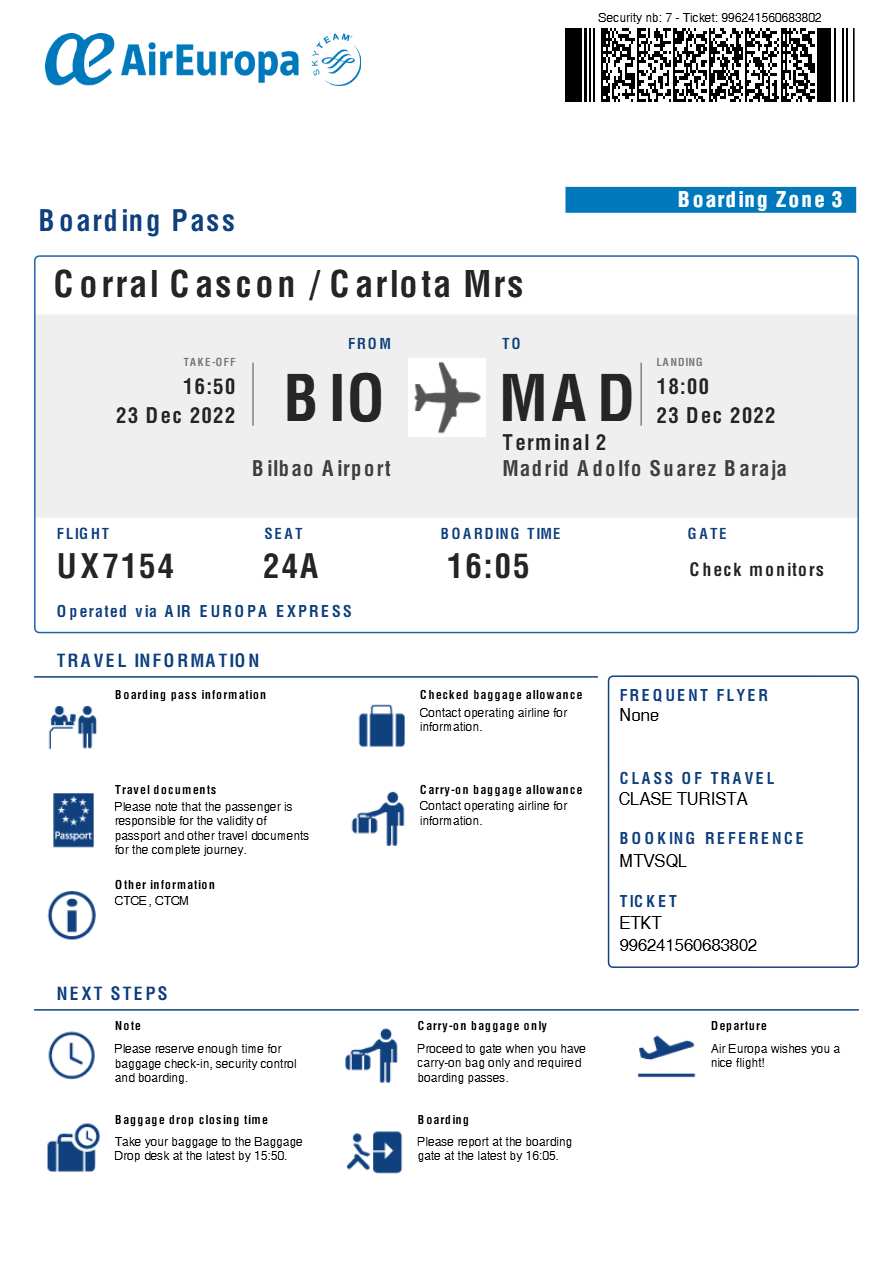 Air Europa boarding pass in Word and PDF formats