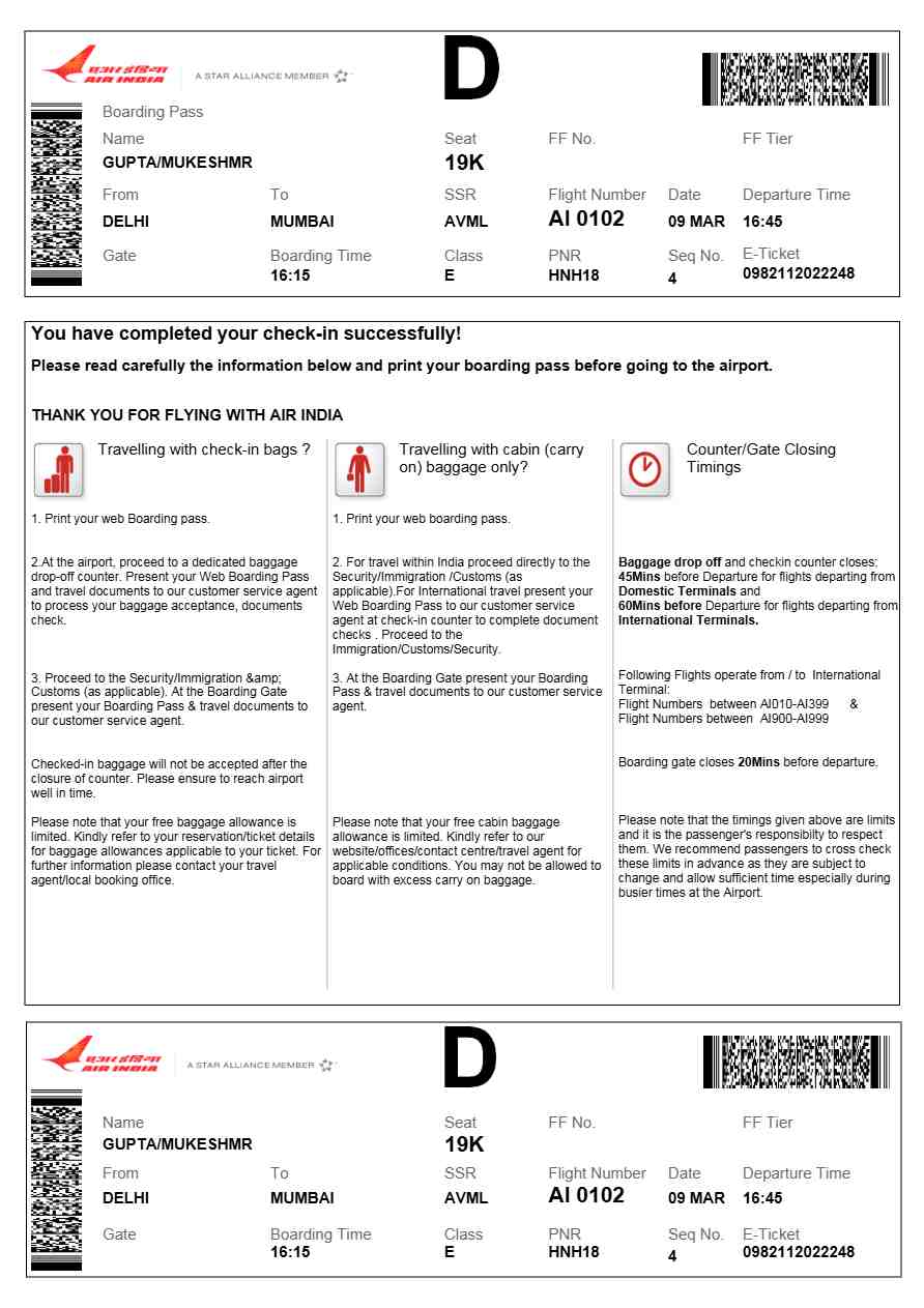 Air India boarding pass in Word and PDF formats, version 1