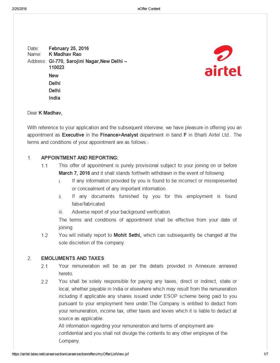 Airtel Ltd. Finance Analyst offer letter in Word and Pdf formats