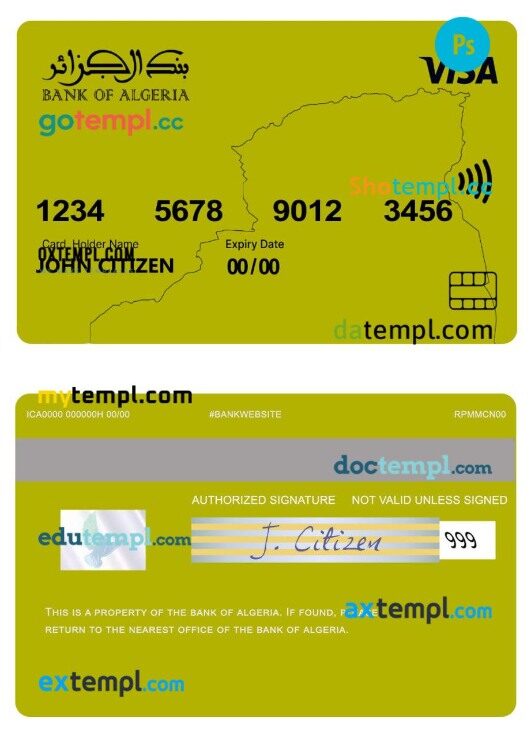 Algeria bank of Algeria visa card template in PSD format