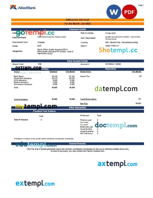 Allied Bank employee payslip template in Word and PDF formats