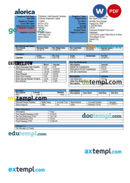 Alorica Philippines payslip template in Word and PDF formats